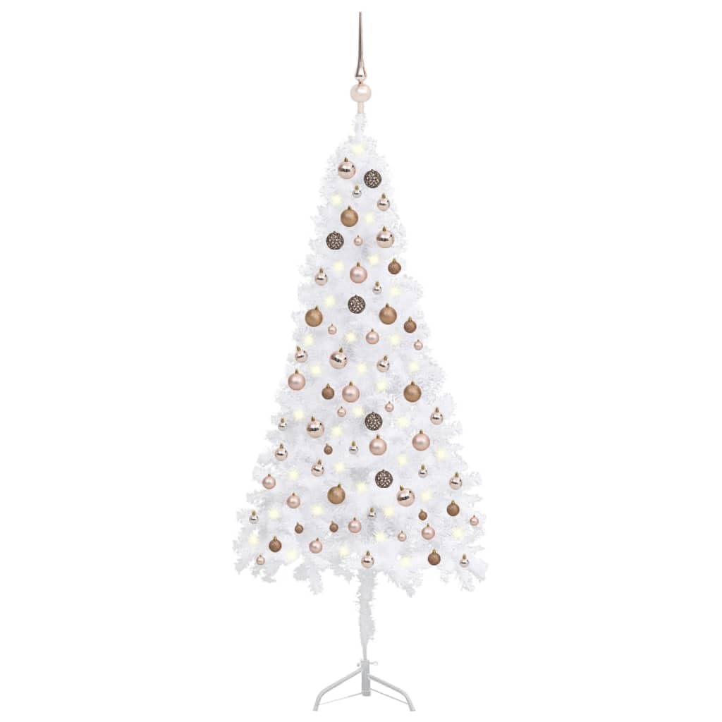 Vidaxl Corner Artificial Christmas Tree - 70.9&quot; White Pvc With Led Lights & Rose Gold Balls - Space-Saving Design For Compact Spaces