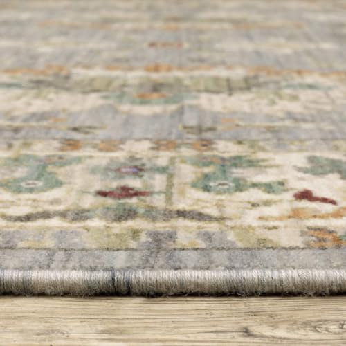 HomeRoots 509294 8 x 11 ft. Gray Ivory Orange Teal Green Charcoal Blue & Red Oriental Power Loom Stain Resistant Rectangle Area Rug with Fringe