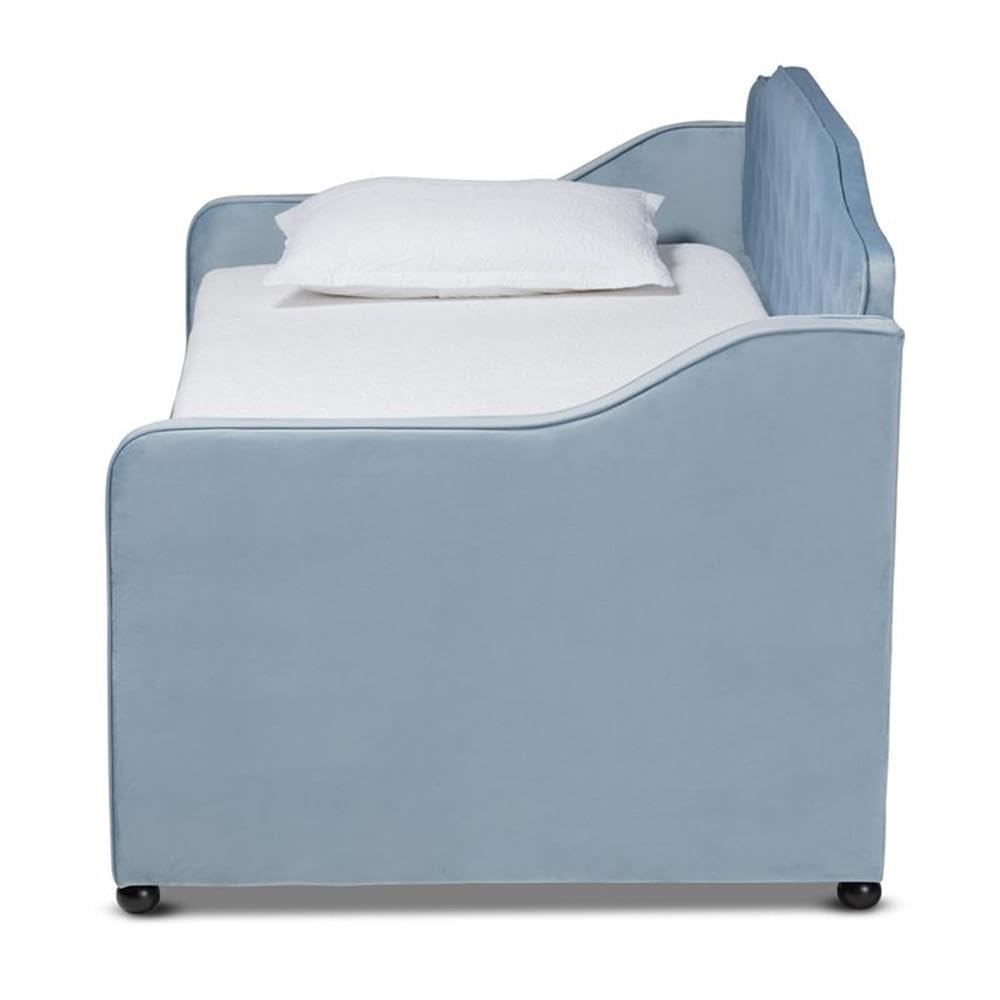 Baxton Studio Freda Traditional and Transitional Light Blue Velvet Fabric Upholstered and Button Tufted Twin Size Daybed with Trundle