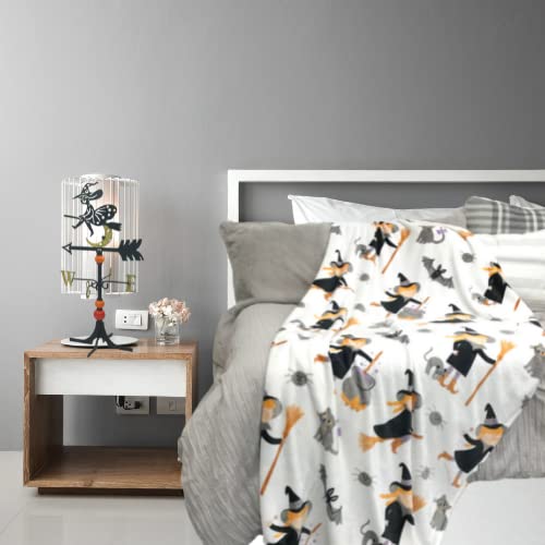 Halloween Throw Blanket: Cute Girl Witch With Faithful Cat Surrounded By Spiders And Bats Print On Fuzzy Soft Velvet Fleece Thro