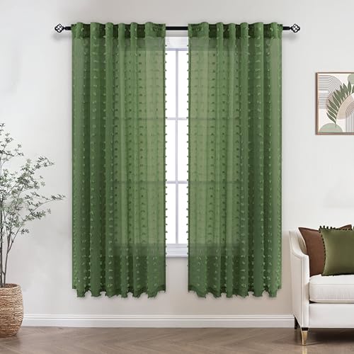 Koufall Dark Green Curtains 63 Inch Length For Living Room,Sheer Curtains For Bedroom 63 Inches Long,Olive Green