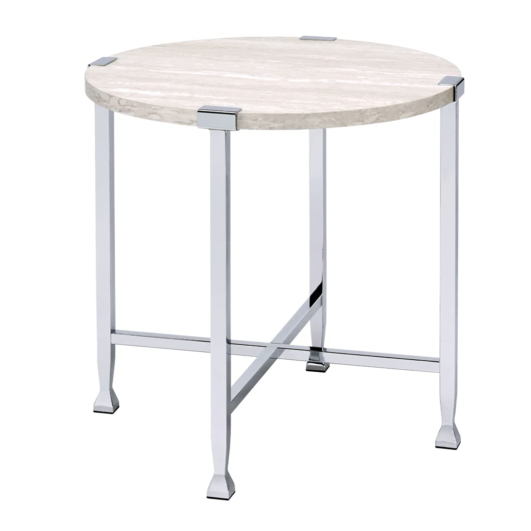 Benjara End Table With X Shaped Metal Base And Round Wooden Top, Silver And Beige