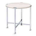 Benjara End Table With X Shaped Metal Base And Round Wooden Top, Silver And Beige