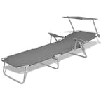 vidaXL Adjustable Sun Lounger with Canopy - Weatherproof Steel Construction - Portable and Foldable Design - Gray Outdoor Lounge Bed.