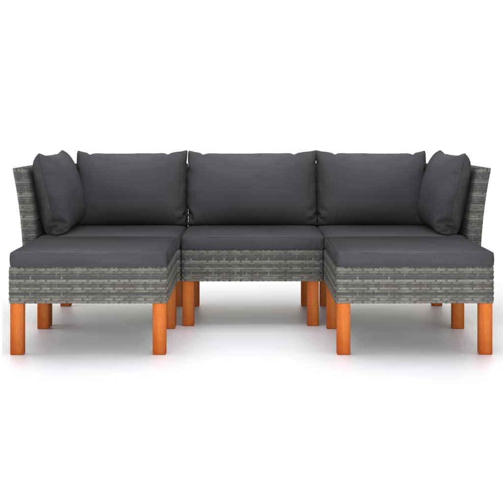 vidaXL 5 Piece Outdoor Lounge Set with Cushions - Powder-Coated Steel, Poly Rattan & Eucalyptus Wood, Gray, Removable and Washable Cushions
