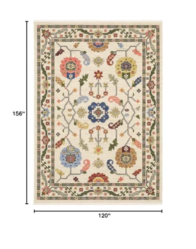 HomeRoots 509316 10 x 13 ft. Ivory Green Blues Pink Yellow Rust Brown Tan & Gray Oriental Power Loom Stain Resistant Rectangle Area Rug with Fringe
