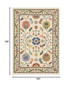 HomeRoots 509316 10 x 13 ft. Ivory Green Blues Pink Yellow Rust Brown Tan & Gray Oriental Power Loom Stain Resistant Rectangle Area Rug with Fringe