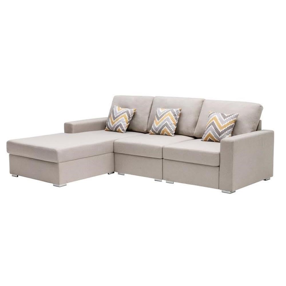 Lilola Home Nolan Beige Linen Fabric 3Pc Reversible Sectional Sofa Chaise with Pillows and Interchangeable Legs
