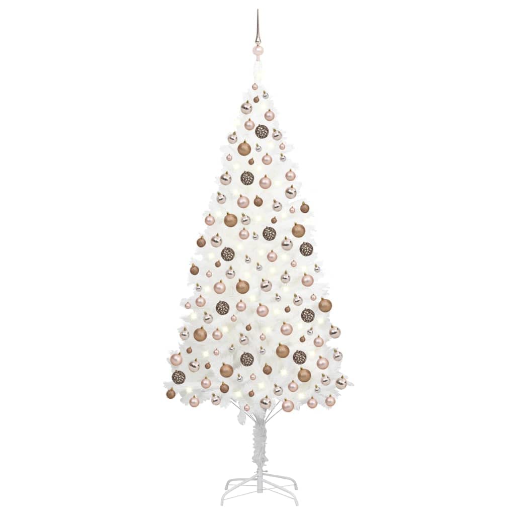 vidaXL 94.5&quot; Artificial Christmas Tree - Lifelike White Tree with Energy-Efficient LEDs and Elegant Rose Gold Balls - Durable PE, Steel, Plastic Construction - Indoor Holiday Decoration