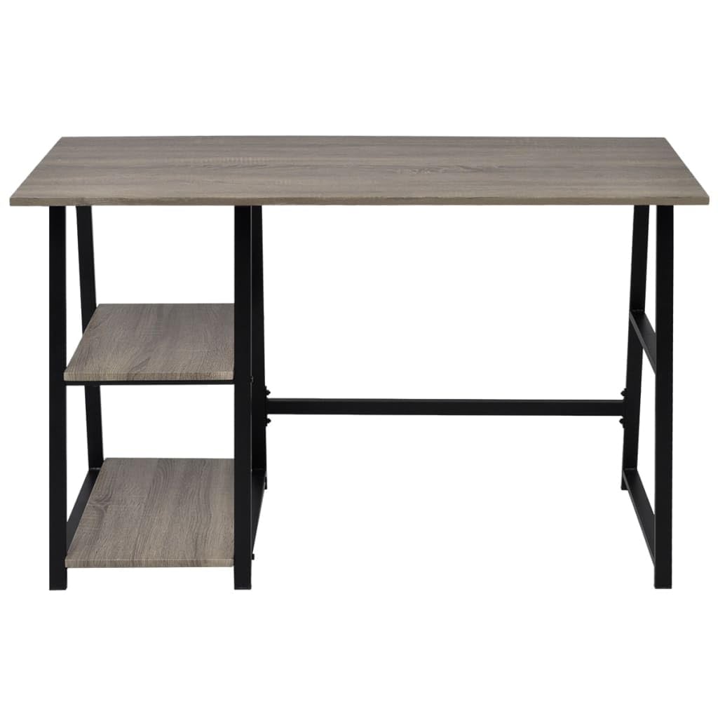 vidaXL-Sturdy Office Desk in Gray and Oak with Space-saving Design, Made from Durable MDF and Steel Frame, with Built-in 2-layer Storage Shelf
