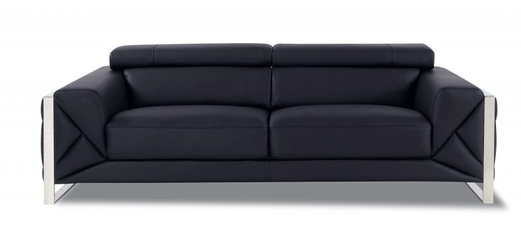 HomeRoots 89&quot; Black and Chrome Genuine Leather Standard Sofa