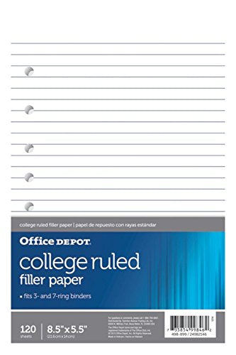 Office Depot Brand Filler Paper, College-Ruled, Mini Binder Paper, 7-Hole Punched, 8-1/2' X 5-1/2', 120 Sheets
