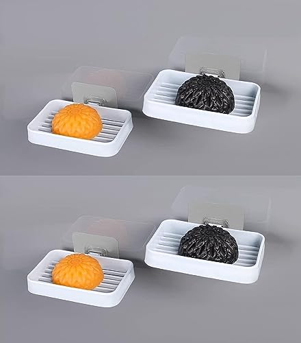 ELRINZA Soap Holder (Pack of 4) for Bathroom, Caddy Organizer Shelf Without Drilling, Wall Mounted Self Draining Soap Dish Hangi