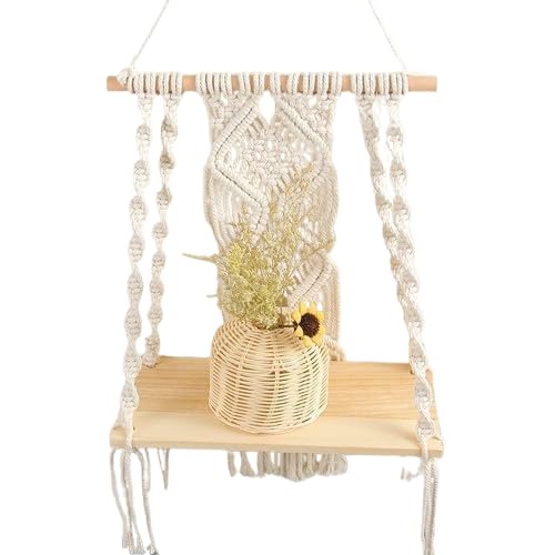 Ganvia Macrame Wall Hanging Plant Shelf  Indoor & Outdoor Floating Wood Shelve, Handmade Rope Boho Decorative Shelving For Plan
