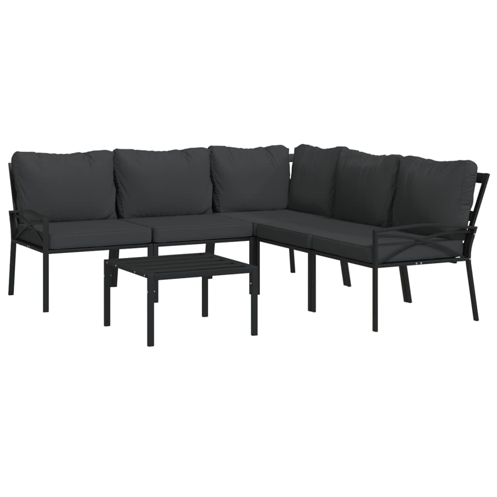 vidaXL 6-Piece Outdoor Patio Lounge Set with Coffee Table, Corner Chair, Middle Chairs, Side Chairs, Steel Structure, Powder-Coating, Removable Gray Cushions