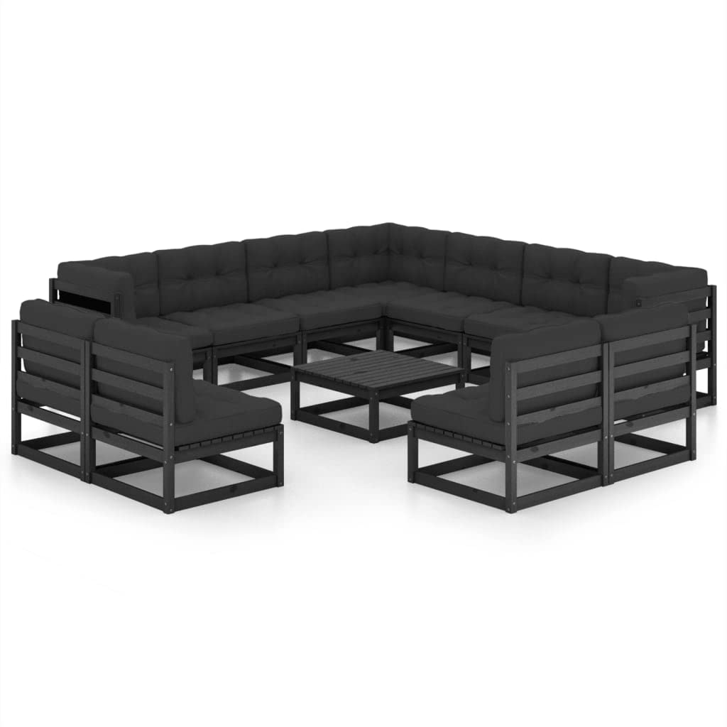 vidaXL Solid Pinewood Patio Lounge Set 12 Piece with Cushions Outdoor Garden Terrace Yard Furniture Wooden Lounge Sofa Set Seat Seating Black
