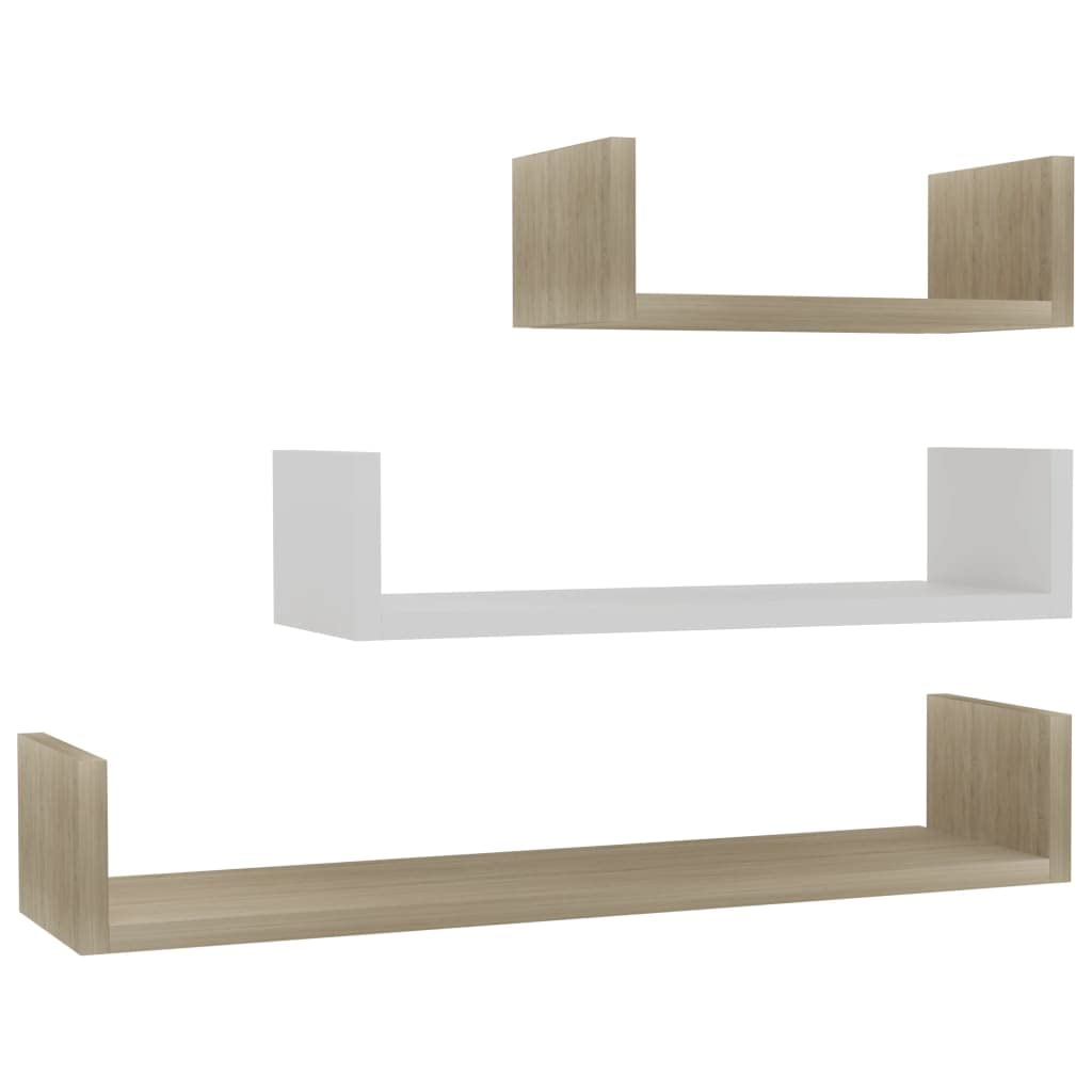 vidaXL Set of 3 Wall Display Shelves - Multicolour White and Sonoma Oak Engineered Wood - Easy Install Durable Floating Shelves for Home Office Decor
