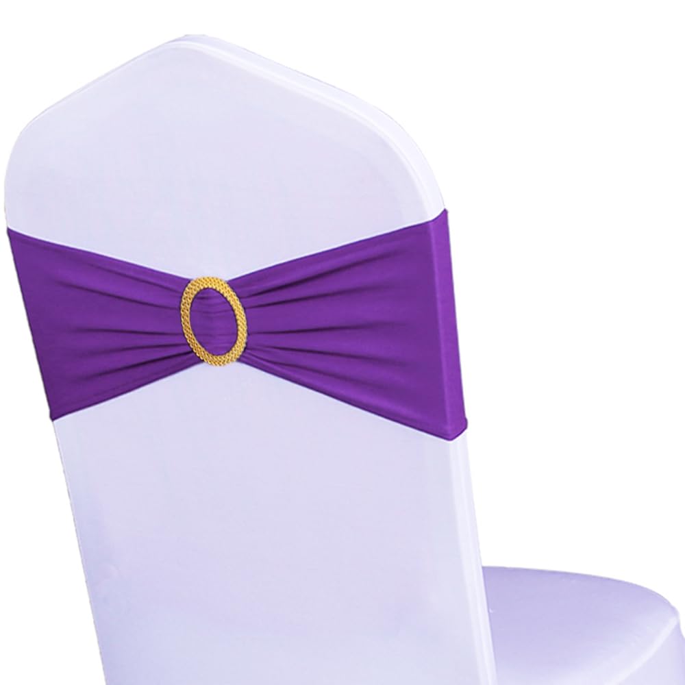 Wensinl Pack Of 50 Spandex Purple Chair Sashes With Gold Buckles, Stretch Chair Sashes For Wedding Party Baby Shower Ceremony Ev