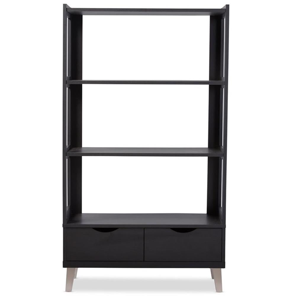 Baxton Studio Kalien Modern & Contemporary Wood Bookcase with Display Shelves & Two Drawers, Dark Brown