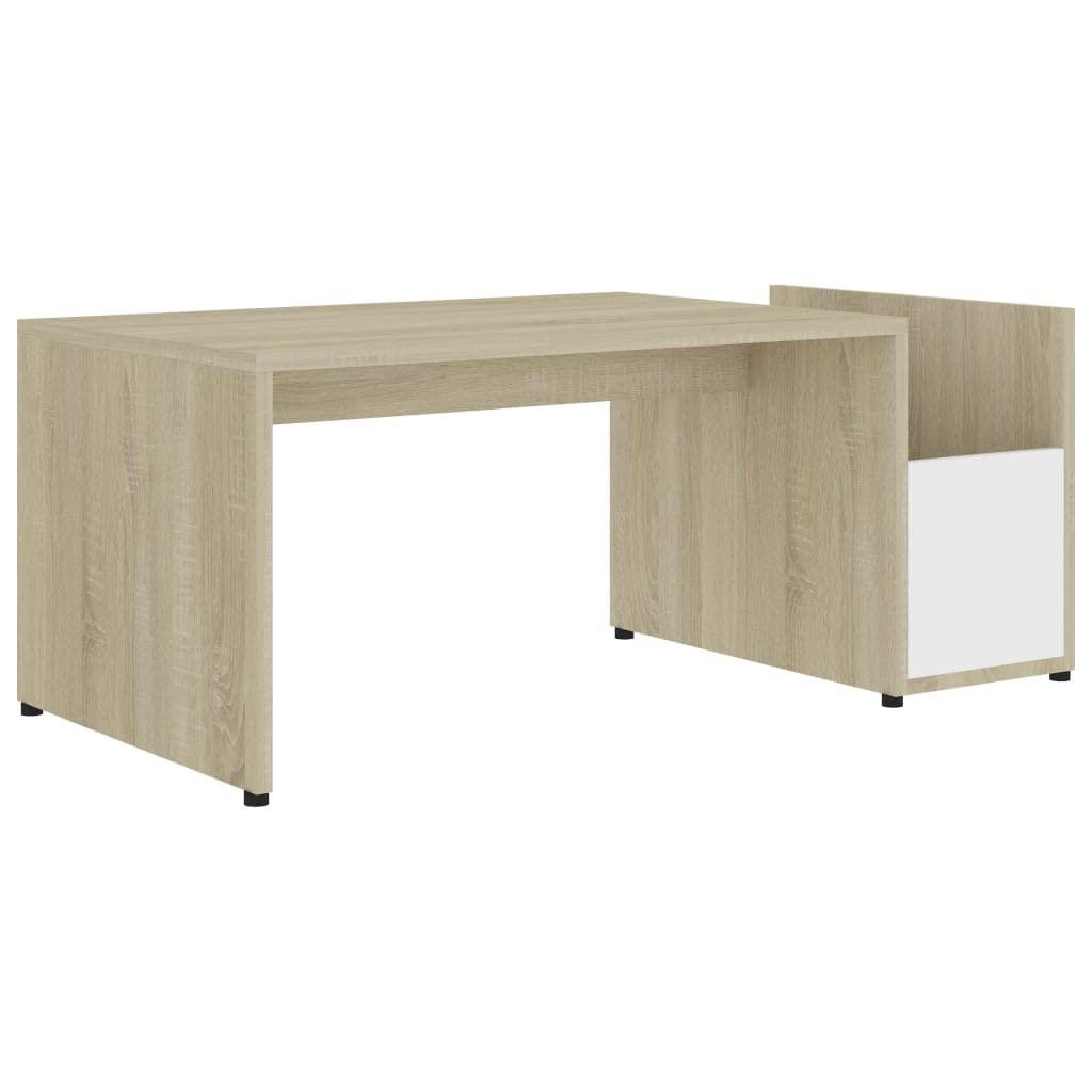 vidaXL Modern Coffee Table with Openwork Design - Engineered Wood with Side Compartment, Easy Assembly - White and Sonoma Oak