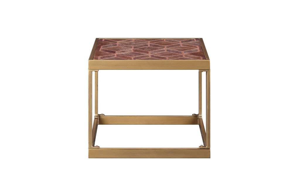 HomeRoots 16&quot; Brass and Warm Brown Leather Rectangular End Table