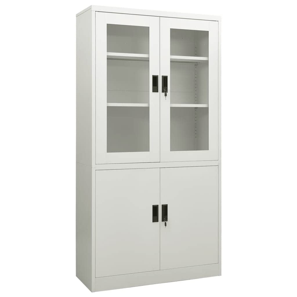 vidaXL Office Cabinet - Steel Office Cabinet with Tempered Glass Doors and Adjustable Shelves, Locking Files Storage, Light Gray, 35.4&quot;x15.7&quot;x70.9&quot;