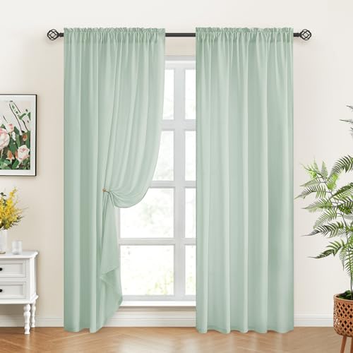 Homeideas Non-See-Through Sage Green Privacy Sheer Curtains 52 X 84 Inches Long 2 Panels Sheer Curtains Light Filtering Window Curtains Drapes For Bedroom Living Room