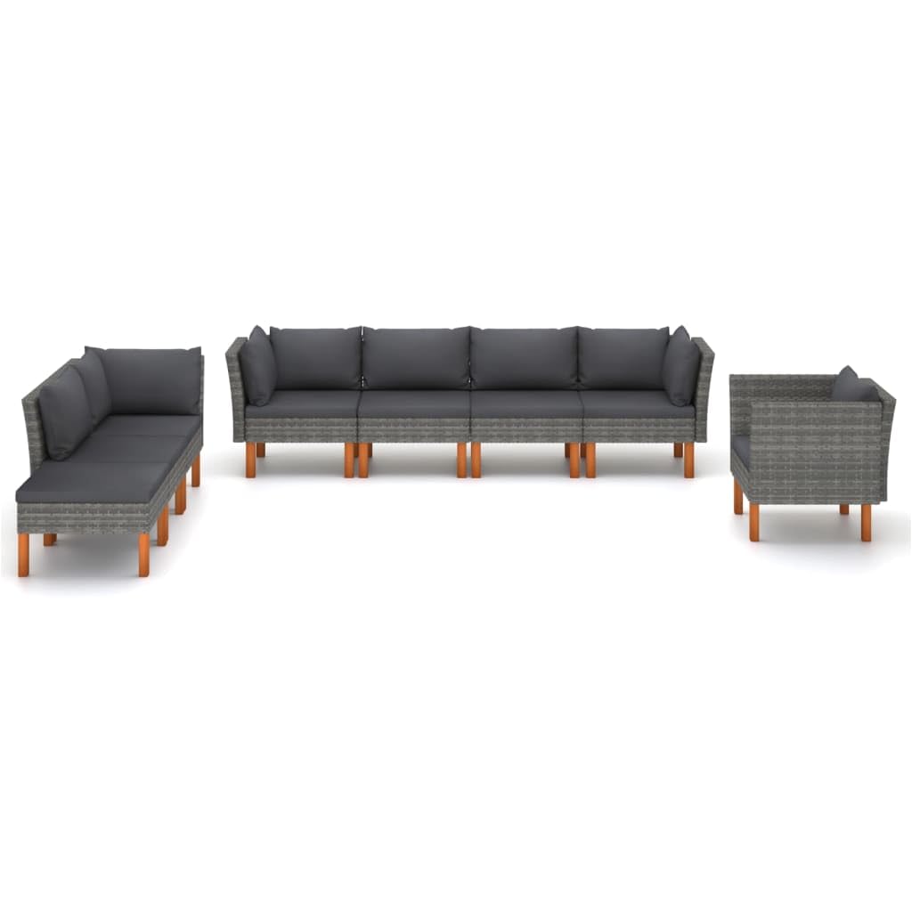 vidaXL Outdoor Lounge Set in Grey - 8 Piece Patio Furniture with Cushions, Footstool, Corner & Middle Sofas - Poly Rattan and Eucalyptus Wood Material