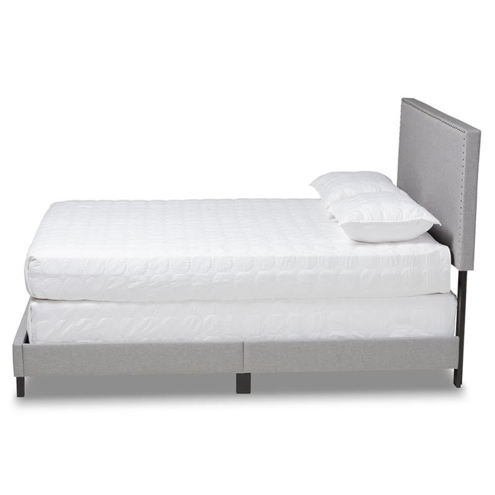 Baxton Studio Ramon Full Size Gray Linen Panel Bed with Nailhead Trim