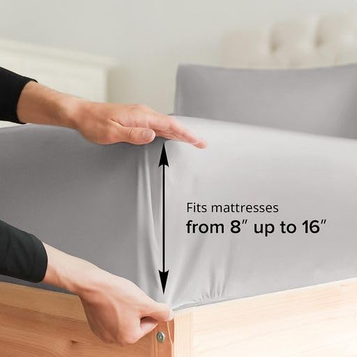 California King Fitted Sheet - Hotel Luxury & Cooling Single Fitted Sheet Only - Easily Fits Mattress Up To 16 Inches Perfectly - Soft, Wrinkle Free, Breathable & Comfy Light Grey Single Fitted Sheet