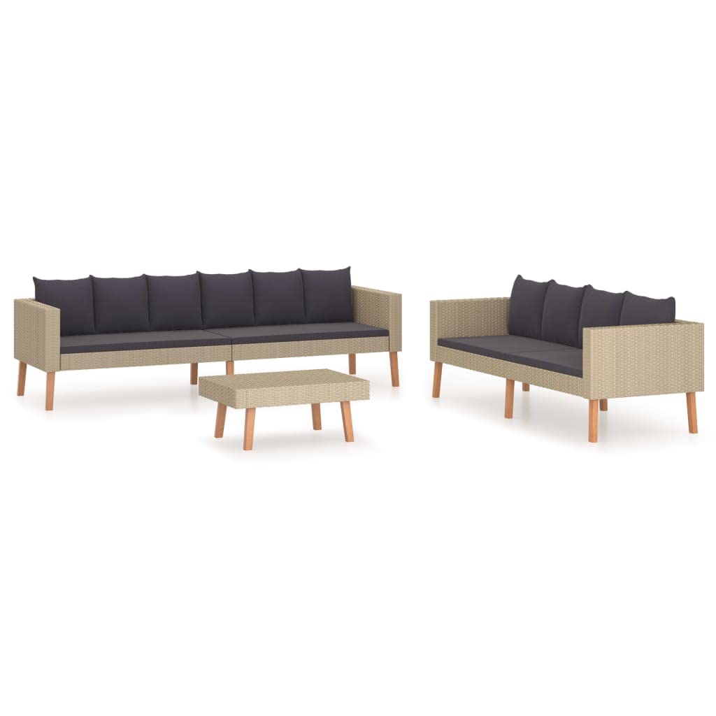 vidaXL Patio Furniture Set 3 Piece, Sectional Sofa for Outdoor Garden, Couch with Cushions, Coffee Table, Scandinavian Style, Poly Rattan Beige