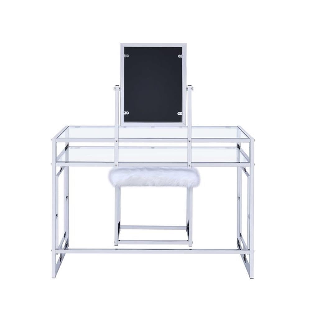 Acme Josh Metal Frame Vanity and Stool in White and Chrome