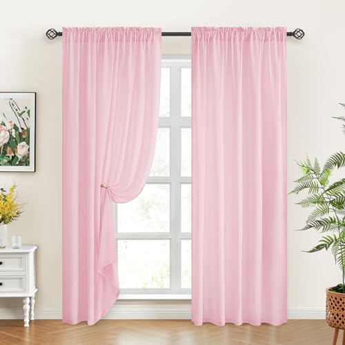 Homeideas Non-See-Through Light Pink Privacy Sheer Curtains 52 X 96 Inches Long 2 Panels Sheer Curtains Light Filtering Window Curtains Drapes For Bedroom Living Room