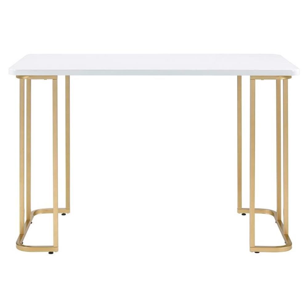 Acme Estie Wooden Top Writing Desk With Metal Sled Base In White And Gold
