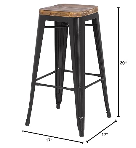 New Pacific Direct Metropolis Metal Backless Bar Stool 30&quot; Wood Seat,Indoor/Outdoor Ready,Black,Set of 4