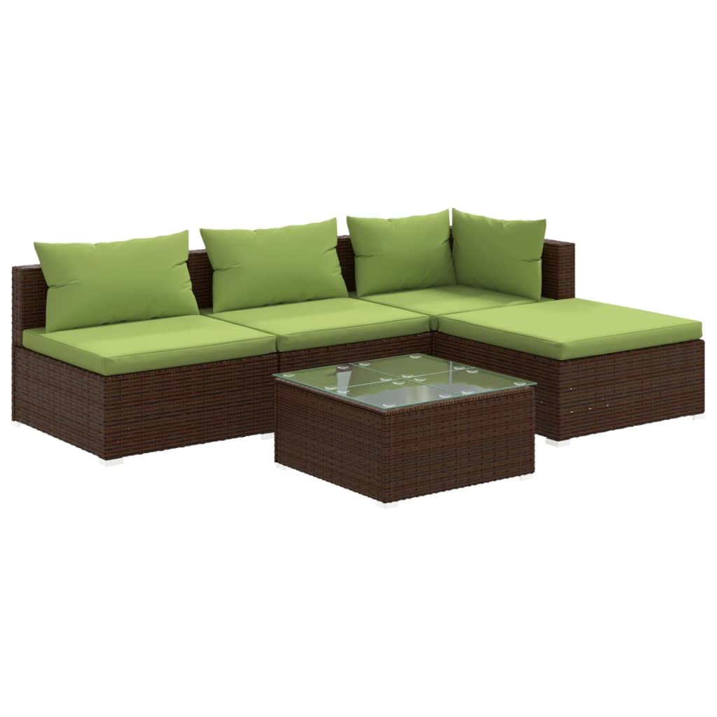 vidaXL Patio Lounge Set - 5 Piece Outdoor Lounge Set with Cushions, PE Rattan Material, Brown - Includes Middle Sofa, Corner Sofa, Footrest, and Coffee Table