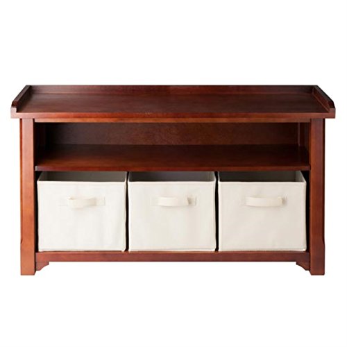 Ergode Colin Bench | Versatile & Stylish | Dark Faux Leather Cushion | 2 Corn Husk Baskets | Slated Shelf | Ample Comfort | Chocolate Brown | Sturdy Wood | (94801-VV)