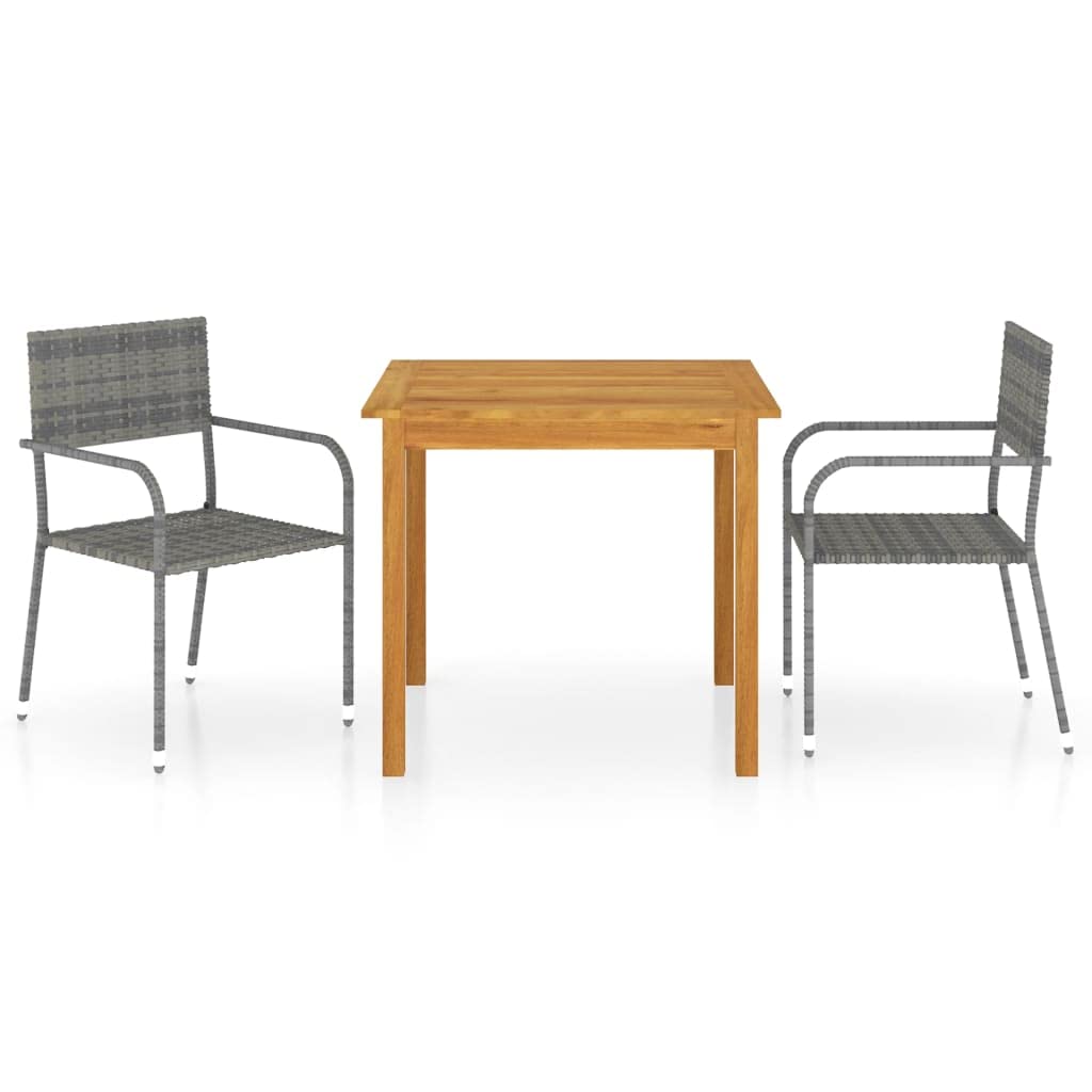 vidaXL 3-Piece Patio Dining Set: Durable Solid Acacia Wood Table with Easy-to-Clean, Stackable, Weather-Resistant PE Rattan Chairs in Sleek Gray Finish
