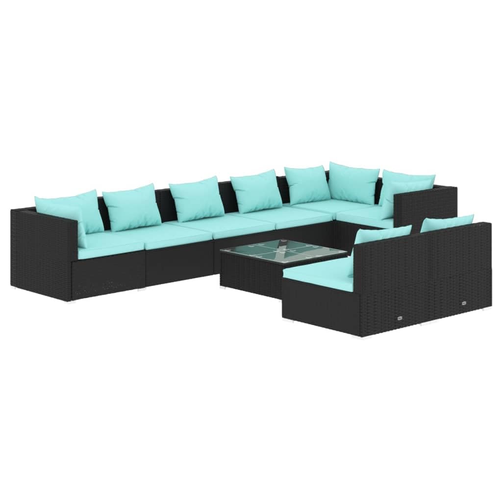vidaXL 9-Piece Outdoor Patio Lounge Set - Durable Powder-Coated Steel Frame, Weather-Resistant Black Poly Rattan, Water Blue Cushions, Comfortable Seating, Modular Design