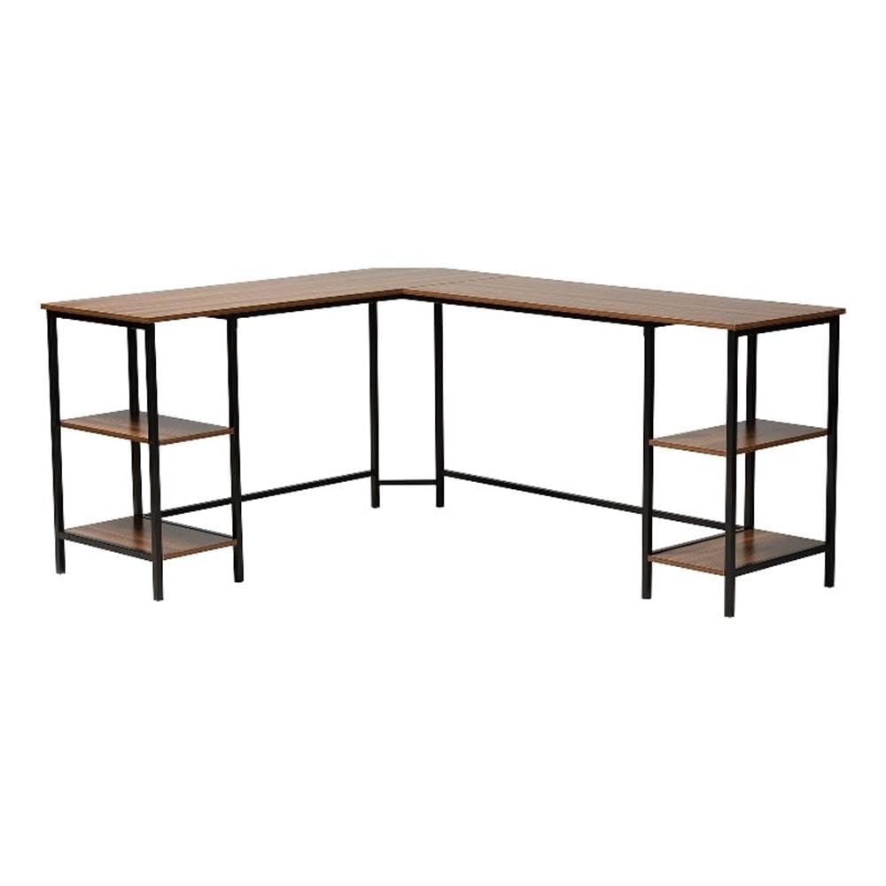 Baxton Studio Lydia Modern Walnut Brown Finished Wood and Black Metal L-Shaped Corner Desk with Shelves