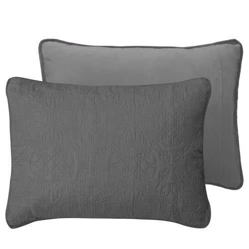 Easy-Going Full/Queen Size Reversible Quilt Set With 1 Quilt And 2 Pillow Shams, Soft Bed Quilt Cover, Water Resistant Lightweight Microfiber Bedspread, Stain Resistant, Damask-Gray/Light Gray