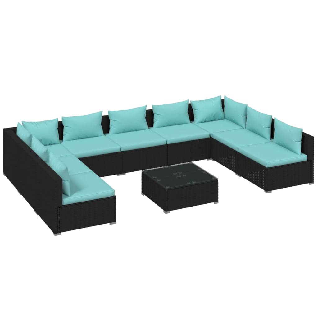 vidaXL 10 Piece Patio Lounge Set - Stylish and Comfortable Outdoor Furniture, Poly Rattan Black, Water-Resistant & Durable Material, Modular Design, Includes Cushions and Coffee Table