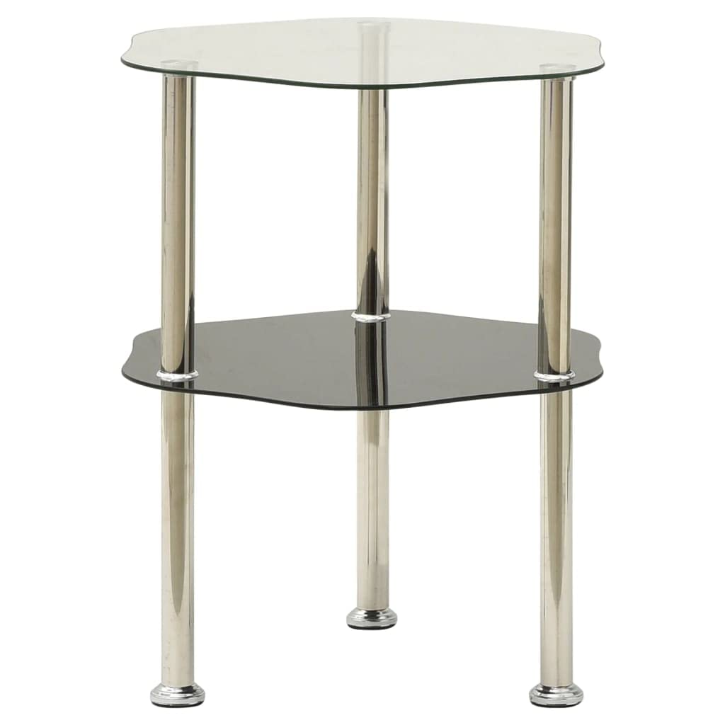 vidaXL Modern 2-Tier Side Table with Heart Design, Tempered Glass and Stainless Steel Construction, Transparent & Black - 15&quot;x15&quot;x19.7&quot;