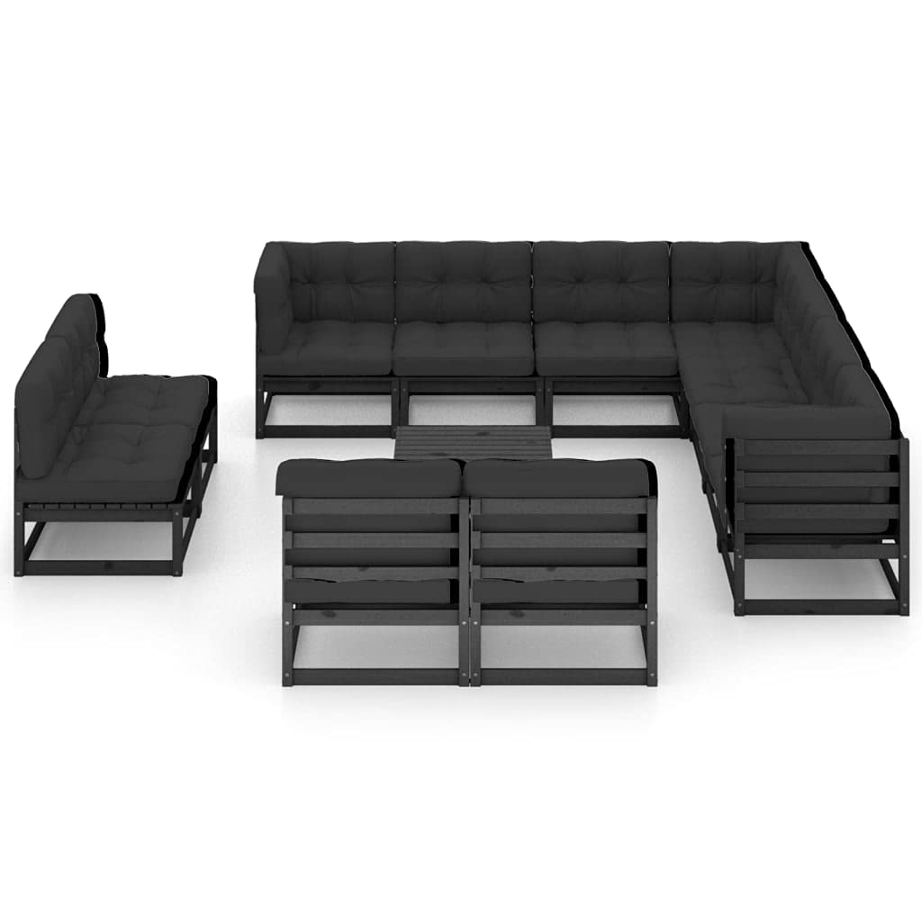 vidaXL Solid Pinewood Patio Lounge Set 12 Piece with Cushions Outdoor Garden Terrace Yard Furniture Wooden Lounge Sofa Set Seat Seating Black
