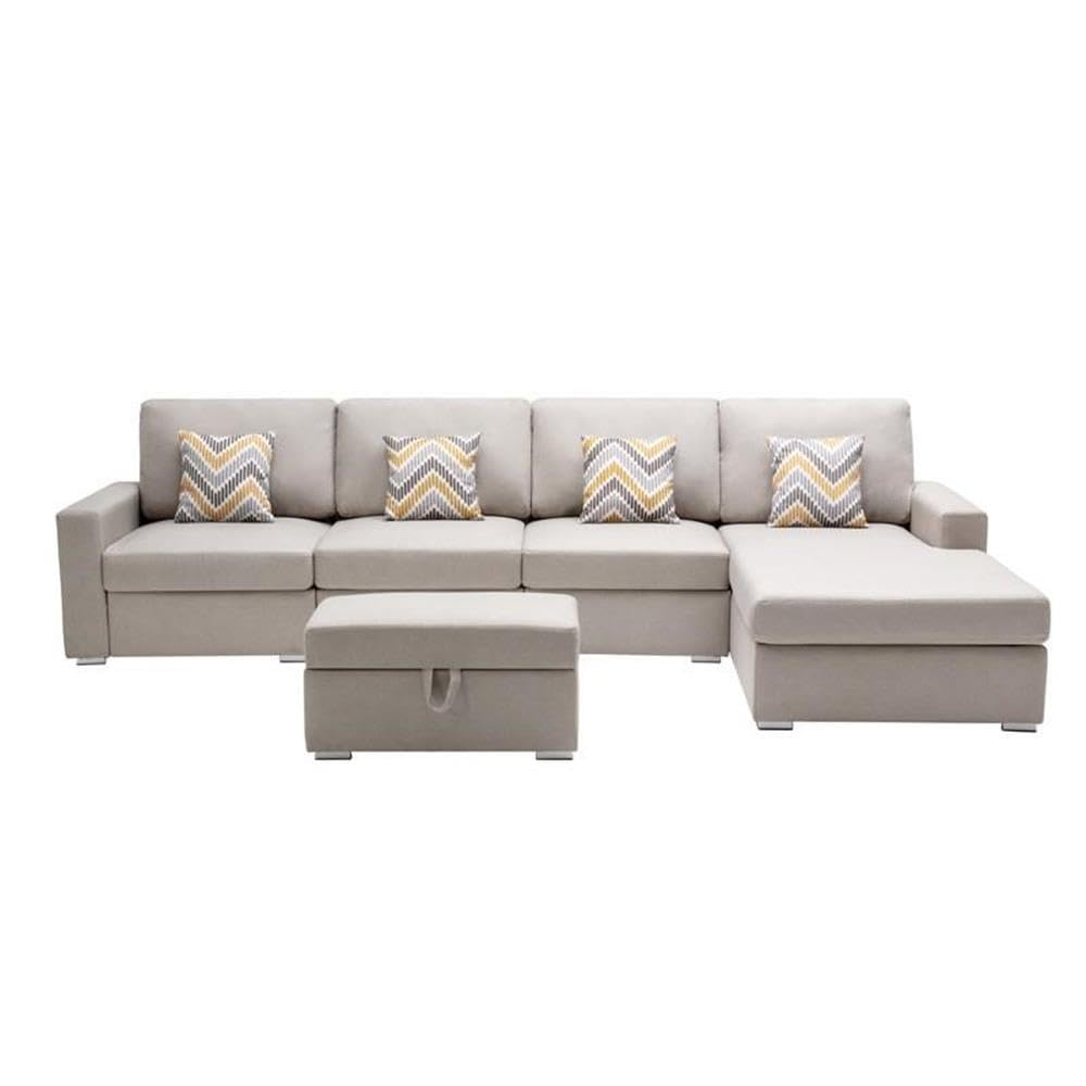 Lilola Home Nolan Beige Linen Fabric 5Pc Reversible Sofa Chaise with Interchangeable Legs, Storage Ottoman, and Pillows