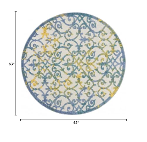 HomeRoots Ivory Blue 100% Polypropylene 5’ Round Ivory and Blue Indoor Outdoor Area Rug