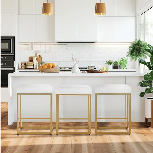 Maison Arts Bar Stools Set Of 3 | White & Gold Counter & Bar Height Stools For Kitchen Island | Modern Farmhouse Backless Barstools With Metal Frame & Faux Leather Upholstery | 24' Kitchen Bar Stools