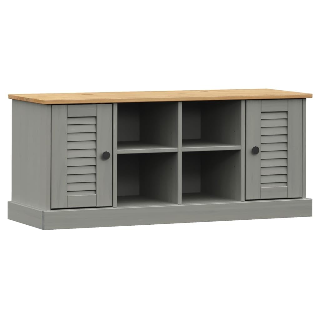 vidaXL VIGO Gray Solid Wood Pine Shoe Bench - Entryway Storage with Shutter Design, Metal Knobs, Wax Finish, 41.7&quot;x13.8&quot;x17.7&quot;