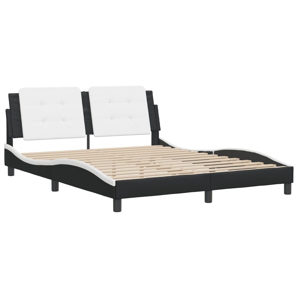 vidaXL Queen Bed Frame with Headboard - Black and White Faux Leather, Modern Waved Design, Plywood Slats, Assembly Required - 59.8” x 79.9”, Stylish Bedroom Furniture
