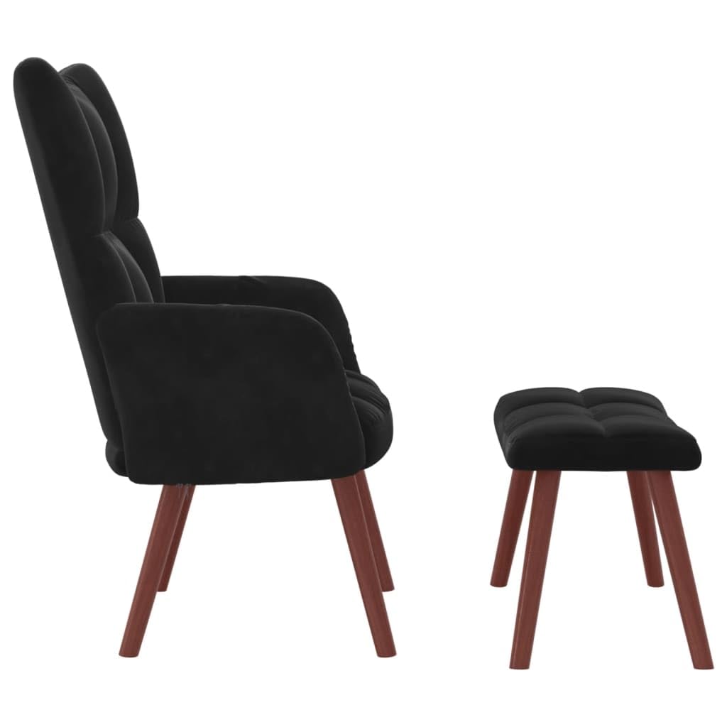 vidaXL Velvet Relaxing Chair with Stool- Black Soft Seating with Durable Steel Frame and Wooden Legs'